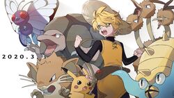  belt blonde_hair brown_headwear butterfree chuchu_(pokemon) clenched_hands commentary dated dodrio female golem_(pokemon) green_eyes hat highres looking_to_the_side omastar open_mouth pikachu pokemon pokemon_(creature) pokemon_adventures raticate reverse_trap rozu_ki short_hair straw_hat teeth tongue yellow_(pokemon) 