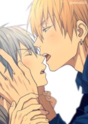  2boys blonde_hair blue_hair blue_shirt blurry blush closed_eyes collared_shirt commentary_request couple depth_of_field earrings from_side grey_background hair_between_eyes hand_on_another&#039;s_arm hands_on_another&#039;s_cheeks hands_on_another&#039;s_face jewelry kise_ryouta kuroko_no_basuke kuroko_tetsuya looking_at_another male_focus mashima_shima multiple_boys nose_bite open_mouth shirt short_hair short_sleeves simple_background teeth twitter_username upper_body upper_teeth_only yaoi yellow_eyes 