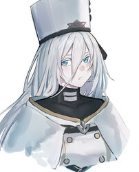  azur_lane blue_eyes blush buttons closed_mouth collar commentary_request double-breasted echj female hair_between_eyes hat high_collar highres jacket long_bangs long_hair looking_at_viewer military military_hat military_uniform simple_background solo sovetsky_soyuz_(azur_lane) turtleneck uniform upper_body white_background white_hair white_hat 