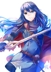  belt blue_eyes blue_hair blue_skirt cape closed_mouth falchion_(fire_emblem) female fire_emblem fire_emblem_awakening gloves highres holding holding_weapon long_hair looking_at_viewer lucina_(fire_emblem) skirt solo sword tarayuki tiara weapon white_background 