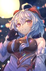  absurdres ahoge bare_shoulders bell black_gloves blue_hair breasts commentary_request detached_sleeves female ganyu_(genshin_impact) genshin_impact gloves gold_trim highres horns korean_commentary lantern large_breasts leegh19769 long_hair moon neck_bell night purple_eyes smile solo 