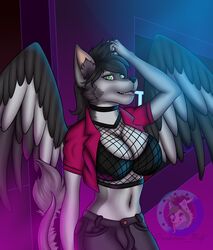  air_(airking) anthro black_hair bulge canid canine canis choker clothing darkdukewolf feathers fishnet_clothing fishnet_topwear fur green_eyes grey_body grey_fur gynomorph hair intersex jacket jewelry long_hair looking_at_viewer mammal multicolored_body multicolored_fur necklace neon_lights solo topwear two_tone_body two_tone_fur watermark wings wolf 