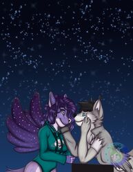  black_hair blue_eyes canid canine clothing darkdukewolf duo eye_contact female fur green_clothing grey_body grey_clothing grey_fur hair hand_on_head jacket long_hair looking_at_another male male/female mammal multicolored_body night purple_body purple_hair purple_wings romantic romantic_couple short_hair star topwear torn_clothing wings 