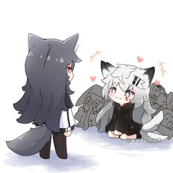  +++ 2girls afterimage animal_ears arknights black_capelet black_hair black_jacket black_legwear blush brown_eyes capelet chibi commentary_request crownslayer_(arknights) grey_eyes grey_hair hair_ornament hairclip heart jacket kurotofu lappland_(arknights) long_hair multiple_girls profile reunion_soldier_(arknights) scar scar_across_eye scar_on_face short_eyebrows sitting standing tail tail_wagging texas_(arknights) thick_eyebrows thighhighs twitter_username very_long_hair white_jacket 