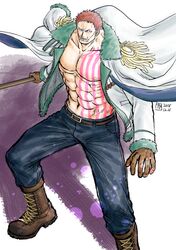  1boy abs alternate_costume alternate_universe bara bare_pectorals boots bulge charlotte_katakuri chest_tattoo coat coat_on_shoulders cosplay denim epaulettes fangs holding holding_polearm holding_weapon jeans knee_boots kokorozashi large_pectorals looking_at_viewer male_focus muscular muscular_male navel no_nipples one_piece open_clothes open_coat pants pectorals polearm short_hair smoker_(one_piece) smoker_(one_piece)_(cosplay) solo stitches stomach tattoo tusks weapon wind 