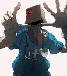  1boy absurdres against_fourth_wall bad_id bad_pixiv_id bag bag_over_head blue_shirt cleanerjay collarbone commentary doctor faust_(guilty_gear) gloves glowing glowing_eye guilty_gear guilty_gear_strive highres looking_at_viewer male_focus paper_bag red_eyes shirt short_sleeves simple_background solo stethoscope stitches upper_body white_background white_gloves 