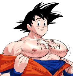  1boy bara bare_pectorals black_hair body_writing bouncing_pecs carless_(ppanic) closed_mouth clothes_pull dougi dragon_ball dragon_ball_z highres large_pectorals looking_at_viewer male_focus motion_lines muscular muscular_male nipples pectorals short_hair simple_background smile solo son_goku spiked_hair upper_body white_background wristband 