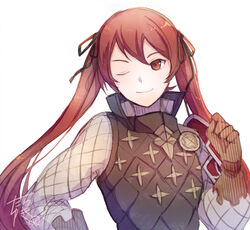  armor female fire_emblem fire_emblem_fates gambeson gloves hair_ribbon leather leather_gloves long_hair one_eye_closed red_eyes red_hair ribbon selena_(fire_emblem_fates) shirt shoulder_armor smile solo tarayuki twintails upper_body vest white_background 