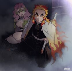  1boy belt blonde_hair braid breasts brick_wall cape cleavage colored_tips corner dalc_rose demon_slayer_uniform female flame_print focused forked_eyebrows frown full_body green_eyes green_hair hair_over_shoulder hiding highres holding holding_sword holding_weapon kanroji_mitsuri kimetsu_no_yaiba large_breasts long_hair looking_afar looking_at_another looking_away looking_to_the_side mole mole_under_eye multicolored_hair on_one_knee open_mouth pants pink_hair print_cape rain red_eyes red_hair rengoku_kyoujurou side-by-side streaked_hair sword twin_braids weapon wet wet_hair white_cape worried 