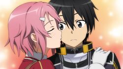  1boy black_eyes black_hair closed_eyes female freckles game_cg highres kirito kissing kissing_cheek lisbeth_(sao) non-web_source official_art pink_hair short_hair straight sword_art_online sword_art_online:_hollow_fragment 