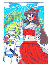  2girls :d alternate_costume bikini black_eyes blue_bikini blush bow breasts brown_hair cherry cleavage closed_eyes commentary_request cookie_(touhou) cowboy_shot crop_top daiyousei diyusi_(cookie) drinking drinking_straw drinking_straw_in_mouth empty_eyes food frilled_hair_tubes frills fruit gedougawa green_hair hair_between_eyes hair_tubes hairbow hakurei_reimu holding holding_removed_eyewear hood hoodie large_breasts long_bangs long_hair looking_at_viewer midriff multiple_girls navel noel_(cookie) one_eye_closed open_clothes open_hoodie open_mouth palm_tree red_bikini red_bow red_skirt skirt smile sun sunglasses swimsuit touhou traffic_baton tree unworn_eyewear white_hoodie yellow_bow 