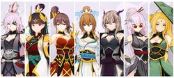  6+girls absurdres alternate_costume aqua_ribbon asymmetrical_sleeves azur_lane bare_shoulders belt black_belt black_collar black_gloves blonde_hair blue_eyes blue_nails braid breasts brown_hair chinese_clothes cleavage_cutout clothing_cutout collar detached_sleeves dragon dress earrings eastern_dragon en_go_(kuro_nigiri) eyepatch facial_mark fingerless_gloves forehead_mark glasses gloves gneisenau_(azur_lane) green_eyes hair_between_eyes hair_ornament highres hime_cut hornet_(azur_lane) japanese_clothes jean_bart_(azur_lane) jewelry kimono light_brown_hair long_hair medium_breasts multiple_girls orange_eyes pelvic_curtain pink_eyes pink_hair ponytail red_belt red_eyes red_kimono red_nails repulse_(azur_lane) ribbon scharnhorst_(azur_lane) see-through strapless strapless_dress twin_braids uneven_sleeves very_long_hair yat_sen_(azur_lane) zuikaku_(azur_lane) 