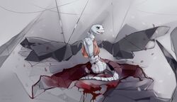  2021 abstract_background albino anthro arm_markings artist_name belly belly_markings big_tail biped blood bodily_fluids cape cape_only capelet clothing crusch_lulu crying digital_media_(artwork) digital_painting_(artwork) eyelashes female front_view frown grey_markings hands_together hi_res leg_markings lizard lizardman lizardman_(overlord) long_neck long_tail looking_away markings mostly_nude neck_markings open_frown open_mouth orange_cape orange_clothing overlord_(series) pattern_cape pattern_clothing pink_tongue red_eyes reptile round_head sad scalie shaded shadow sitting soft_shading solo stercore_murum tail tail_markings tears thick_tail thigh_markings tongue tribal tribal_markings white_body white_skin white_tail wings 