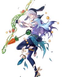  1boy arrow_(projectile) black_gloves blue_cape blue_pantyhose blue_vest bow_(weapon) cape fire_emblem fire_emblem_awakening fire_emblem_heroes gloves grey_hair henry_(fire_emblem) henry_(spring)_(fire_emblem) high_heels highres holding holding_arrow holding_bow_(weapon) holding_weapon long_sleeves looking_at_viewer male_focus non-web_source official_art pantyhose parted_lips purple_eyes short_hair solo tobi_(kotetsu) torn_cape torn_clothes torn_pantyhose transparent_background vest weapon 