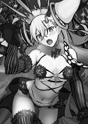  animal_ears breasts cosplay fate/grand_order fate_(series) female fur_bikini fur_collar fur_trim greyscale harukey highres horns huge_horns large_breasts long_hair long_horns mash_kyrielight mash_kyrielight_(dangerous_beast) mash_kyrielight_(dangerous_beast)_(cosplay) monochrome o-ring o-ring_top olga_marie_animusphere single_horn tail u-olga_marie unfinished wolf_ears wolf_tail 