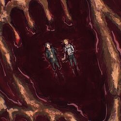  2boys afloat armin_arlert black_hair blonde_hair blood blood_on_clothes bloody_footprints desu_bba eren_yeager footprints from_above full_body highres holding_hands laughing lying male_focus multiple_boys naruto_(series) naruto_shippuuden on_back on_liquid perspective pool_of_blood scene_reference shingeki_no_kyojin shirt smile spoilers symbolism tears 