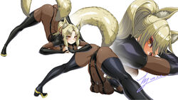  absurdres animal_ear_fluff animal_ears arched_back arm_rest ass black_bodysuit black_footwear black_gloves blonde_hair bodysuit boots breasts commission dark_persona dog_days elbow_gloves female fingerless_gloves flexible fox_ears fox_girl fox_tail gloves hair_ribbon hands_on_ground highres jack-o&#039;_challenge large_breasts meme parted_bangs pixiv_commission ponytail rantia red_ribbon ribbon skin_tight spread_legs stretching tail thigh_boots top-down_bottom-up wide_spread_legs yellow_eyes yukikaze_panettone 