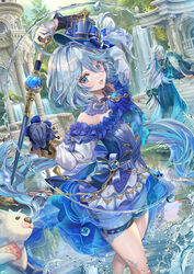  1boy :d alternate_costume animal architecture ascot asymmetrical_gloves bare_shoulders black_gloves black_straps blubberbeast_(genshin_impact) blue_ascot blue_coat blue_dress blue_eyes blue_gemstone blue_hair blue_headwear breasts choker coat dancing day detached_collar dress drop-shaped_pupils facing_away feet_out_of_frame female floating_hair frills furina_(genshin_impact) gazebo gem genshin_impact gloves gradient_ascot greco-roman_architecture hair_between_eyes hat highres holding holding_animal holding_sword holding_weapon hydrokinesis jewelry juliet_sleeves lace lace_choker left-handed leisurely_otter_(genshin_impact) long_hair long_sleeves looking_at_viewer low-tied_long_hair mismatched_gloves mismatched_pupils necklace neuvillette_(genshin_impact) off-shoulder_dress off_shoulder open_mouth otter puffy_sleeves reflection reflective_water sash seal_(animal) see-through see-through_dress shorts shorts_under_dress shoulder_sash small_breasts smile solo_focus splendor_of_tranquil_waters_(genshin_impact) sword symbol-shaped_pupils thigh_strap tilted_headwear top_hat torino_aqua water water_drop waterfall weapon white_gloves white_shorts white_sleeves 