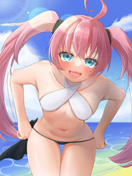  :3 absurdres ahoge bandeau bare_shoulders beach bikini black_bikini_bottom blue_eyes blue_sky breasts cloud commentary_request cowboy_shot day female highres long_hair mesugaki milim_nava nagisuke_shiona navel ocean oerba_yun_fang open_mouth outdoors pink_hair sand sky small_breasts smile smirk solo stomach swimsuit tensei_shitara_slime_datta_ken thigh_gap twintails very_long_hair white_bandeau 