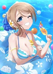  bikini blue_eyes blush braid breasts breasts_day brown_hair cleavage collarbone commentary_request drink female floral_print flower good_breasts_day hair_ornament hibiscus_print innertube love_live! love_live!_sunshine!! plumeria satolive20 short_hair smile striped_bikini striped_clothes swim_ring swimsuit tube watanabe_you water wavy_hair 