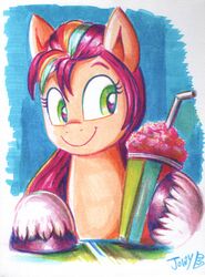  bendy_straw beverage drinking_straw earth_pony equid equine female feral green_eyes hair hasbro hi_res hooves horse jowybean leg_markings mammal markings mlp_g5 my_little_pony pony purple_hair smile smoothie socks_(marking) sunny_starscout_(mlp) traditional_media_(artwork) 