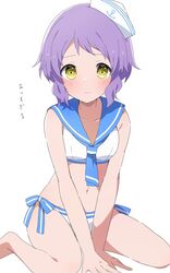  alternate_costume bare_legs barefoot blush breasts collarbone commentary_request female hat highres idolmaster idolmaster_million_live! looking_at_viewer makabe_mizuki mochigome_(ununquadium) navel purple_hair sailor_bikini sailor_collar sailor_hat sailor_swimsuit_(idolmaster) simple_background sitting small_breasts solo stomach translated wariza white_background 