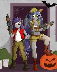  anthro bat_pony breasts brother_(lore) brother_and_sister_(lore) candle cleavage closed_eyes clothed clothing cosplay duo dusk_rhine equid eyewear fan_character female food fruit glasses gun halloween hasbro hi_res holidays jack-o&#039;-lantern male mammal metal_slug my_little_pony older_sister outside plant pumpkin racket_rhine ranged_weapon sibling_(lore) sister_(lore) size_difference smile weapon whatsapokemon younger_brother 