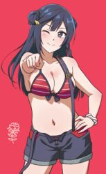  bikini black_eyes black_hair breasts breasts_day cleavage collarbone double_bun female good_breasts_day hair_bun large_breasts long_hair looking_at_viewer love_live! love_live!_nijigasaki_high_school_idol_club navel one_eye_closed red_background red_bikini shorts simple_background smile solo standing stomach suspender_shorts suspenders swimsuit turkey_min yuki_setsuna_(love_live!) 