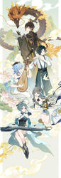  2boys 3girls :d absurdres ahoge arm_behind_back artist_name bare_shoulders bell black_gloves black_robe blue_eyes blue_flower blue_hair blue_sleeves blush bracelet braid braided_bun branch breasts brown_eyes brown_hair brown_robe bud chinese_clothes claws closed_mouth cloud collarbone commentary_request cowbell detached_collar detached_sleeves dizi dragon dress eastern_dragon eyelashes facial_mark floating_hair flower flute folding_fan forehead_mark ganyu_(genshin_impact) genshin_impact ginkgo_leaf glaze_lily gloves green_hair grey_background grey_hair guizhong_(genshin_impact) hair_between_eyes hair_bun hair_ornament hair_stick hand_fan hand_up hands_up highres holding holding_fan holding_instrument horns instrument jade_(gemstone) jewelry leaf long_hair long_sleeves looking_at_viewer looking_back lotus lotus_leaf lotus_pod low_ponytail lute_(instrument) madame_ping_(genshin_impact) medium_breasts mountain multicolored_hair multiple_boys multiple_girls music neck_bell open_mouth parted_bangs pink_flower playing_instrument puffy_long_sleeves puffy_sleeves purple_eyes red_horns rex_lapis_(genshin_impact) rj_(lingshih10) robe scroll shirt short_hair short_hair_with_long_locks sidelocks simple_background single_hair_bun sleeves_past_fingers sleeves_past_wrists smile strapless strapless_dress streaked_hair tassel tassel_hair_ornament transverse_flute two-tone_background very_long_sleeves white_background white_dress white_shirt white_sleeves whorled_clouds wide_sleeves xiao_(genshin_impact) yellow_eyes zhongli_(genshin_impact) zither 