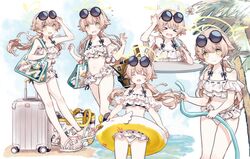  bikini blue_archive eyewear_on_head female frilled_bikini frills halo hifumi_(blue_archive) hifumi_(swimsuit)_(blue_archive) highres light_brown_hair low_twintails migolu multiple_views off-shoulder_bikini off_shoulder ribbon-trimmed_bikini ribbon-trimmed_swimsuit ribbon_trim sandals sunglasses swimsuit thighs twintails white_bikini white_footwear wing_hair_ornament winged_halo yellow_halo 