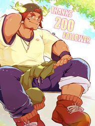  1boy absurdres animal_ears backwards_hat bara baseball_cap black_undershirt blush brown_footwear brown_hair bulge clothes_around_waist commentary_request cow_boy cow_ears cow_horns dark-skinned_male dark_skin eye_black facial_hair fiery_horns forked_eyebrows full_body glowing_horns goatee hat highres horns jacket jacket_around_waist jewelry large_pectorals looking_at_viewer male_focus milestone_celebration muscular muscular_male necklace official_alternate_costume oo12hhh outdoors pectorals shirt short_hair short_sleeves sitting smile solo spiked_hair sweatband t-shirt thick_eyebrows tokyo_afterschool_summoners wakan_tanka white_shirt 