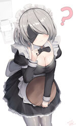  2b_(nier:automata) ? alternate_costume apron black_blindfold black_bow black_dress blindfold blush bow bowtie breasts breasts_day cleavage closed_mouth collar commentary cowboy_shot dated dress enmaided female finger_to_cheek frills good_breasts_day grey_collar grey_hair grey_pantyhose harurunoe holding holding_tray index_finger_raised juliet_sleeves long_sleeves maid maid_headdress medium_breasts medium_hair mole mole_under_mouth nier:automata nier_(series) pantyhose pod_(nier:automata) puffy_sleeves signature simple_background standing tray waist_apron white_apron white_background 