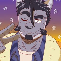  1:1 anthro black_hair domestic_cat facial_hair felid feline felis fur gesture goatee gradient_background grey_body grey_fur hair hand_gesture lifewonders live_a_hero low_res male mammal mature_male one_eye_closed run_aki simple_background smile solo tsuneaki v_sign wink 