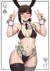  abs absurdres animal_ears ass_visible_through_thighs banknote bikini black_bikini black_necktie black_thighhighs breasts brown_eyes brown_hair card_(medium) chainsaw_man detached_collar dollar_bill double_v female george_washington higashiyama_kobeni highres looking_at_viewer medium_breasts money muscular muscular_female navel necktie queen_(playing_card) queen_of_spades rabbit_ears short_necktie solo speedl00ver swimsuit thighhighs toned v 