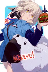  artoria_pendragon_(fate) baseball_cap black_shorts blonde_hair blue_shirt breasts burger canine cavall_the_2nd collared_shirt echo_(circa) fate/grand_order fate_(series) female folded_ponytail food hair_ribbon hat layered_sleeves long_hair long_sleeves looking_at_viewer medium_breasts pout ribbon saber_alter samoyed_(dog) shirt short_sleeves shorts sidelocks unworn_hat unworn_headwear yellow_eyes 