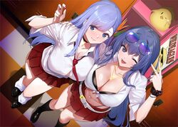  2girls alternate_costume amesuku_gyaru azur_lane belt black_socks blue_eyes blue_hair blush breasts choker cleavage closed_mouth commentary_request eyewear_on_head from_above gyaru jewelry kneehighs kogal large_breasts loafers locker long_hair looking_at_viewer manjuu_(azur_lane) multiple_girls nail_polish navel necklace necktie new_jersey_(azur_lane) official_art one_eye_closed open_mouth red_skirt ring school_uniform shirt shoes skirt socks sunglasses ticonderoga_(azur_lane) tomohiro_kai v white_shirt 