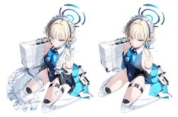  absurdres apron aqua_bow aqua_bowtie arms_behind_back assault_rifle back_bow bandaged_arm bandaged_leg bandages bandaid bandaid_on_face bandaid_on_nose belt belt_pouch black_belt black_leotard blonde_hair blue_archive blue_eyes blue_halo blue_leotard boots bow bowtie breasts bruise bruised_eye character_name commentary copyright_name covered_navel doodle_sensei_(blue_archive) female first_aid_kit gauze gun h&amp;k_g11 halo headset high_heel_boots high_heels highres huge_bow injury leotard looking_at_viewer madaeng maid_headdress medium_breasts microphone multiple_views pill pill_bottle pouch red_bow rifle sensei_(blue_archive) short_hair simple_background sitting suitcase thigh_belt thigh_boots thigh_strap toki_(blue_archive) torn_apron torn_clothes twitter_username two-tone_leotard wariza weapon white_apron white_background white_footwear 