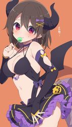  black_skirt blush breasts brown_hair candy demon_girl demon_tail demon_wings detached_sleeves female food frilled_skirt frills hair_ornament halloween_costume highres holding holding_candy holding_food large_breasts looking_at_viewer medium_hair mochigome_(ununquadium) navel orange_background original pumpkin_print purple_skirt red_eyes revealing_clothes simple_background skirt stomach tail two-tone_skirt wings x_hair_ornament 