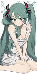  absurdres airseal between_legs breasts cleavage closed_mouth collarbone commentary_request dress female frilled_dress frills green_eyes green_hair hair_between_eyes hand_between_legs hatsune_miku highres long_hair medium_breasts ribbon-trimmed_dress simple_background sitting sleeveless sleeveless_dress smile solo twintails very_long_hair vocaloid wariza white_background white_dress 