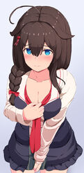  ahoge black_hair black_shirt blue_eyes braid breasts breasts_day clothes_pull cowboy_shot female good_breasts_day hair_flaps hair_over_shoulder highres kantai_collection medium_breasts official_alternate_costume sailor_collar shigure_(kancolle) shigure_kai_san_(kancolle) shirt shirt_pull single_braid solo tsukimoto_reiji white_sailor_collar white_shirt 