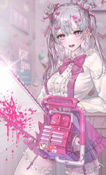  :d absurdres blood blood_splatter blurry blurry_background blush bow bowtie breasts candy_hair_ornament center_frills chainsaw commentary cowboy_shot depth_of_field ear_piercing earrings female food food-themed_hair_ornament frilled_shirt frilled_skirt frilled_thighhighs frills garter_straps grey_hair hair_between_eyes hair_ornament hair_ribbon hairclip heart heart-shaped_pupils heart_earrings heart_hair_ornament highres holding holding_chainsaw ice_cream jewelry lens_flare lollipop_hair_ornament long_hair long_sleeves looking_at_viewer maria_(maria_rose) medium_breasts open_mouth original piercing pink_bow pink_bowtie pink_eyes pink_ribbon pink_skirt pink_theme ribbon shirt skirt smile solo standing suspender_skirt suspenders symbol-shaped_pupils teeth thighhighs two_side_up upper_teeth_only white_shirt white_thighhighs x_hair_ornament yandere zettai_ryouiki 