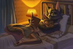  anthro bed book clothing cuddling domestic_cat duo eyewear falling_asleep felid feline felis furniture gentleman glasses hi_res lackadaisy love male male/male mammal mordecai_heller purring reading reading_book resting resting_on_breast resting_on_partner rocky_rickaby shmoopyldoopy sweet_talking underwear warm_lighting 