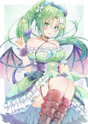  :p absurdres bare_shoulders belt_boots blush boots border breasts card choker demon_girl demon_horns demon_tail demon_wings dress female frilled_dress frills green_eyes green_hair hair_ornament high_ponytail highres higurashi_no_naku_koro_ni holding_own_tail horns jewelry looking_at_viewer outside_border playing_card ponytail red_choker red_footwear ring sitting solo sonozaki_mion star_(symbol) star_hair_ornament sweet_miuk_tea tail tongue tongue_out white_border wings wrist_cuffs 