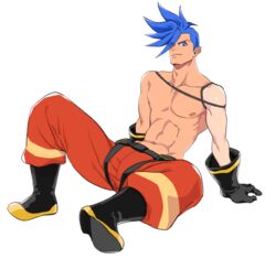  1boy abs asymmetrical_hair black_footwear black_gloves blue_eyes blue_hair boots closed_mouth collarbone duruko firefighter galo_thymos gloves looking_at_viewer male_focus mohawk on_floor pants pectorals promare red_pants short_hair sidecut sitting smile solo spiked_hair spread_legs tan tanlines toned toned_male topless_male undercut white_background 