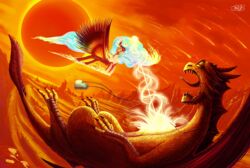  absurd_res alicorn daybreaker_(mlp) dragon eclipse equid equine fangs female feral fire flaming_hair flaming_mane flaming_tail friendship_is_magic hasbro hi_res horn jewelry jowybean magic mammal my_little_pony mythological_creature mythological_equine mythological_scalie mythology necklace orange_theme princess_celestia_(mlp) pseudo_hair pseudo_mane scalie sharp_teeth solar_eclipse sun tail teeth wings 