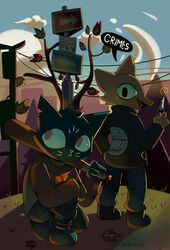  absurd_res anthro baseball_bat bat_(object) canid canine casey_hartley domestic_cat duo felid feline felis female fox gregg_lee hi_res mae_borowski male mammal mistakeharvest night_in_the_woods 