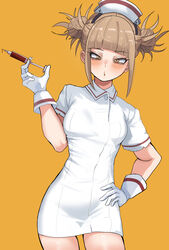  absurdres bags_under_eyes blonde_hair boku_no_hero_academia double_bun dress female gloves hair_bun hand_on_own_hip hat highres holding holding_syringe looking_at_viewer messy_hair nurse nurse_cap sidelocks simple_background slit_pupils solo standing syringe toga_himiko white_dress white_gloves yellow_background yellow_eyes zd_(pixiv6210083) 