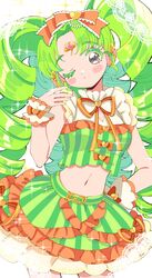  breasts cleavage_cutout closed_mouth clothing_cutout colored_eyelashes commentary_request cowboy_shot cropped_shirt drill_hair falulu falulu_(awakened) female forehead_jewel frilled_skirt frills green_hair green_shirt green_skirt grey_eyes hand_on_own_hip hand_up headphones highres idol_clothes long_hair looking_at_viewer midriff one_eye_closed orange_ribbon parted_bangs pretty_series pripara ribbon shirt sidelocks skirt small_breasts solo sparkle standing sukoyaka_(100hituzi) twin_drills very_long_hair wrist_cuffs 