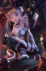  bare_shoulders black_gloves boots bow breasts bullpup chimney choker christmas christmas_ornaments cleavage coat collarbone commission eyewear_on_head female fur-trimmed_coat fur_trim girls&#039;_frontline gloves grey_hair gun hair_ornament hairbow highres medium_breasts official_alternate_costume open_clothes open_coat open_mouth p90 p90_(girls&#039;_frontline) p90_(scarlet_turbo)_(girls&#039;_frontline) pixiv_commission red_bow red_coat red_eyes siro_joon smile smoke star_(symbol) star_hair_ornament submachine_gun sunglasses thigh_boots thigh_strap weapon 