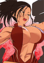  black_eyes black_hair boku_no_hero_academia breasts damos_(child_flame) female fighting hair_pulled_back highres large_breasts leotard long_hair open_mouth ponytail red_leotard sleeveless solo superhero_costume sweat yaoyorozu_momo 